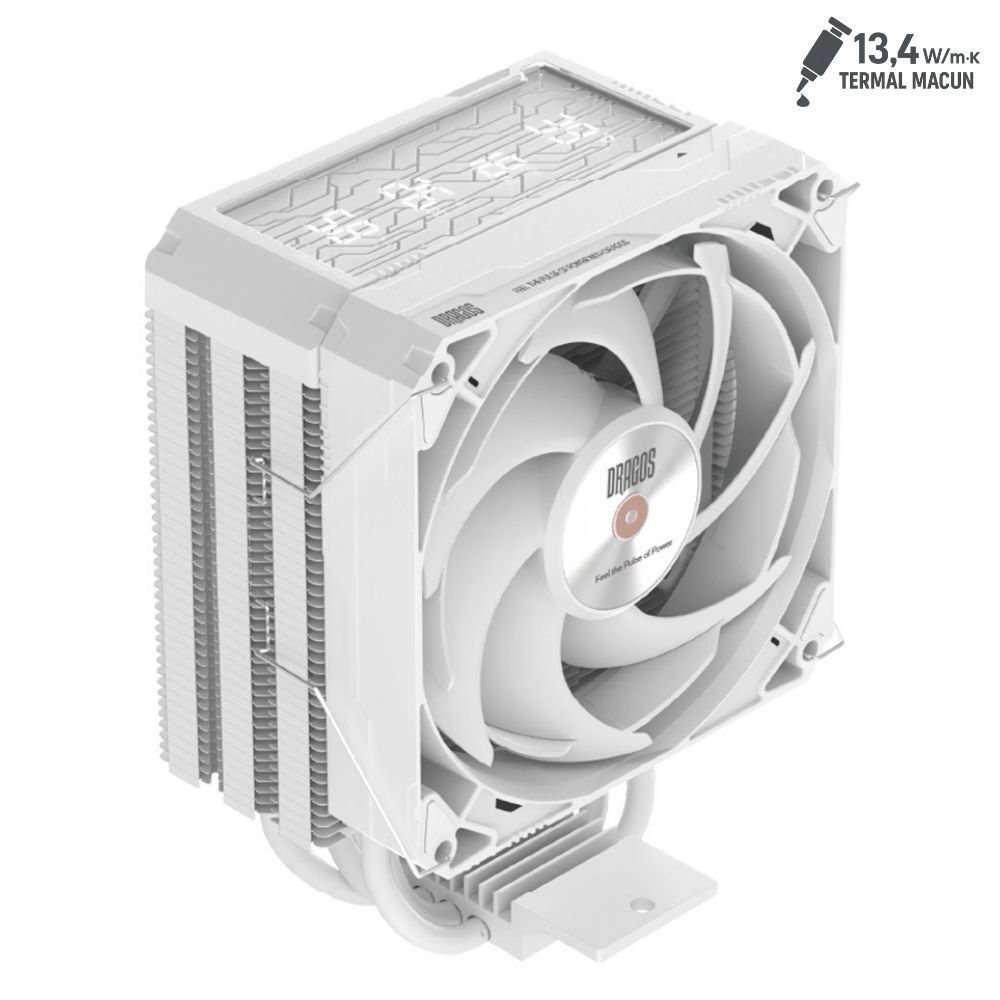 Dragos DIGITAL Isı Göstergeli 4 Isı Borulu 3000RPM 220W Intel & AMD Beyaz Kule Tipi CPU Soğutucu